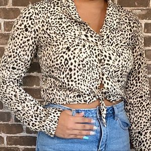 Little Lie cheetah tie front button down blouse